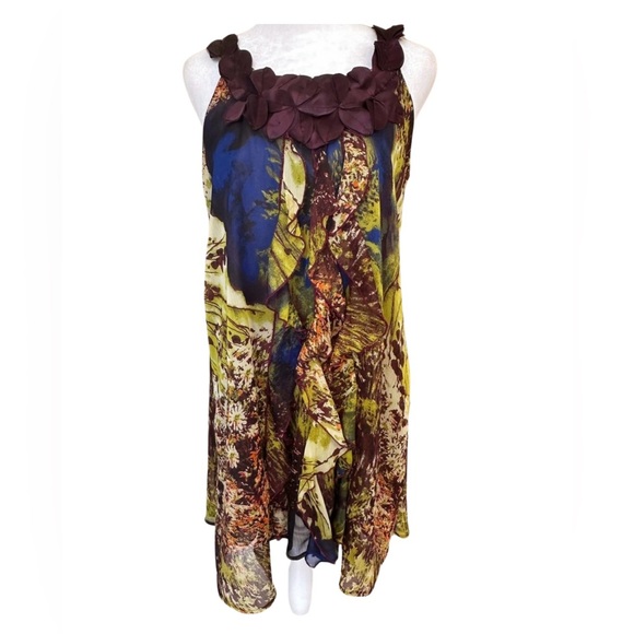 Lush Multi Color Dress With Purple Flowered Collar and Ruffle Front//SzM - Picture 1 of 8
